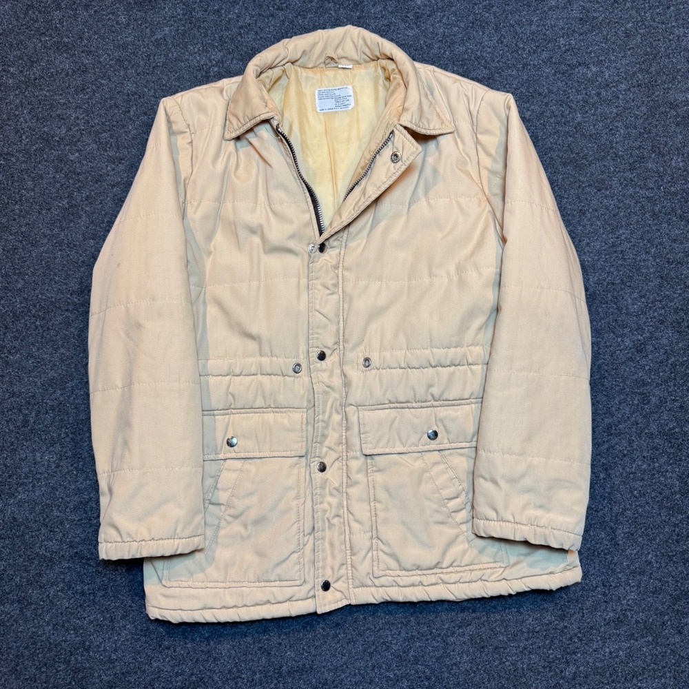 Vintage Tan Quilted Field Jacket Mens Medium Beige Full Zip Snap Puffer Parka